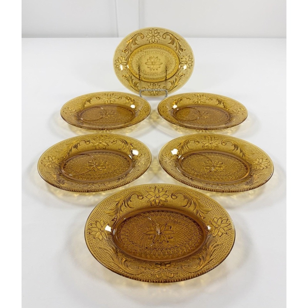 Vintage Tiara Indiana Glass Amber Sandwich Daisy Oval Snack Plates Set of 6 70s